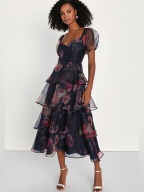 Lulus Oh-So Stunning Organza Tiered Midi Dress Womens 2XL Blue Magenta Floral